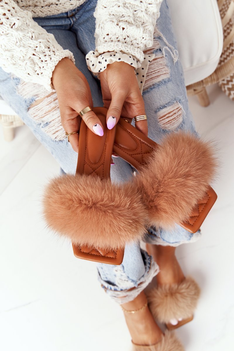 Leather Slippers With Eco Fur Camel Love You So